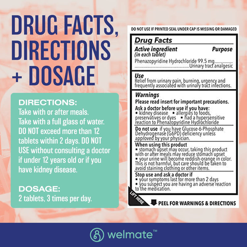 [Australia] - WELMATE Urinary Pain Relief | UTI Relief | Fast Acting | Bladder Discomfort & Pain Relief | Phenazopyridine Hydrochloride 99.5mg | 72 Count Tablets 