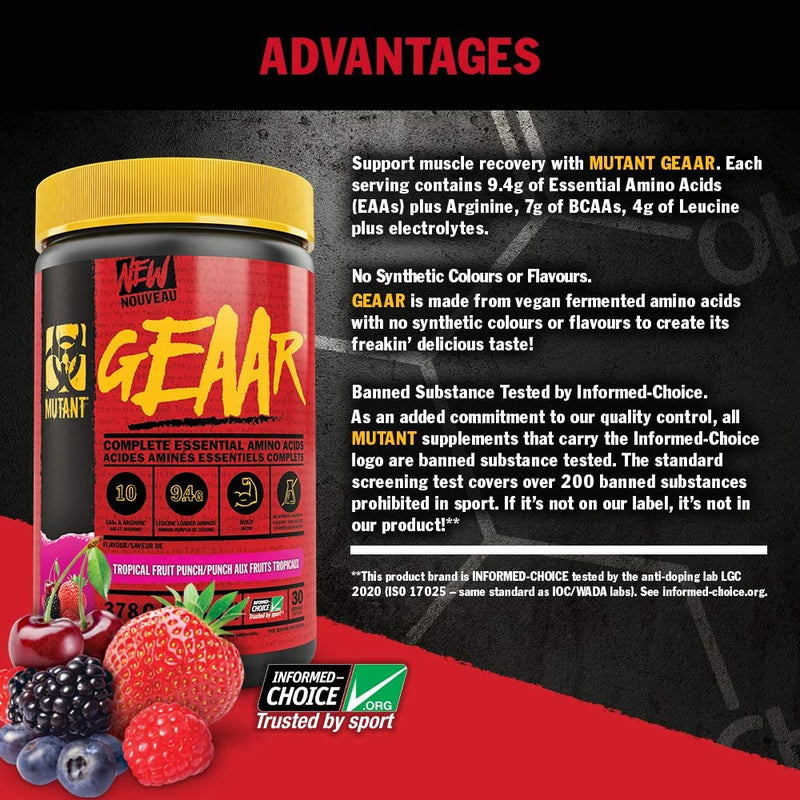 [Australia] - MUTANT GEAAR | 9.4g of EAA Powder + Arginine, 7g BCAAs, 4g Leucine, Electrolytes, Coconut Water, No Artificial Colours or Flavours | 30 Servings | Mango| 378g 