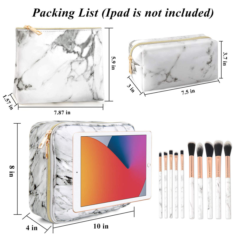 [Australia] - 3Pcs Makeup Bags for Women, Travel Makeup Bag, Large Cosmetic Bag, Marble Makeup Bag with 10 Pcs Brushes, Makeup Case Organizer with Adjustable Dividers 