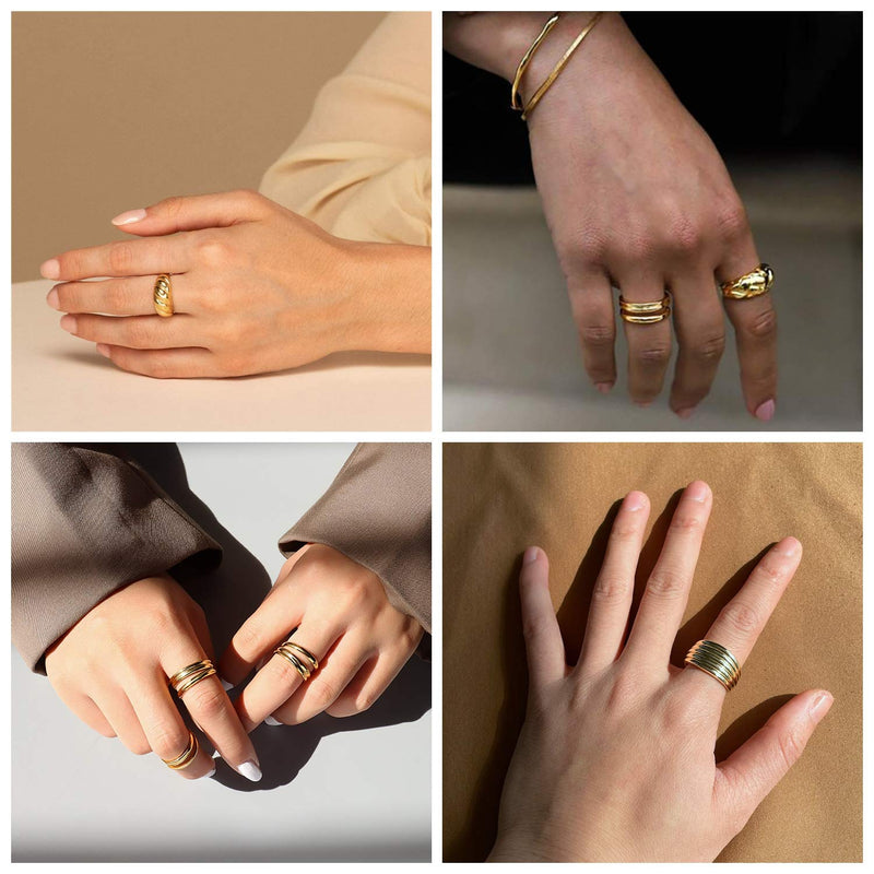 [Australia] - 6PCS 18K Gold Plated Thick Dome Chunky Rings for Women Girls Braided Twisted Signet Chunky Gold Ring Set Minimalist Statement Ring Jewelry Size 5-9 