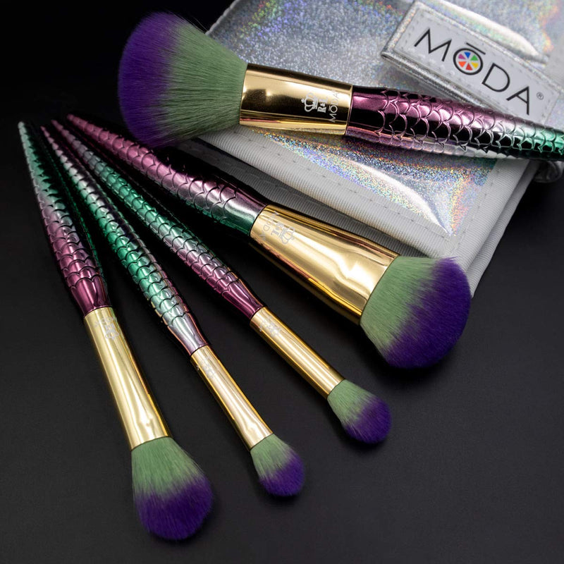[Australia] - MODA Travel Size Mythical Sweet Siren 6pc Makeup Brush Set with Pouch, Includes - Powder, Complexion, Highlight and Glow, Cease, and Eye Shader Brushes, Multi-Color 