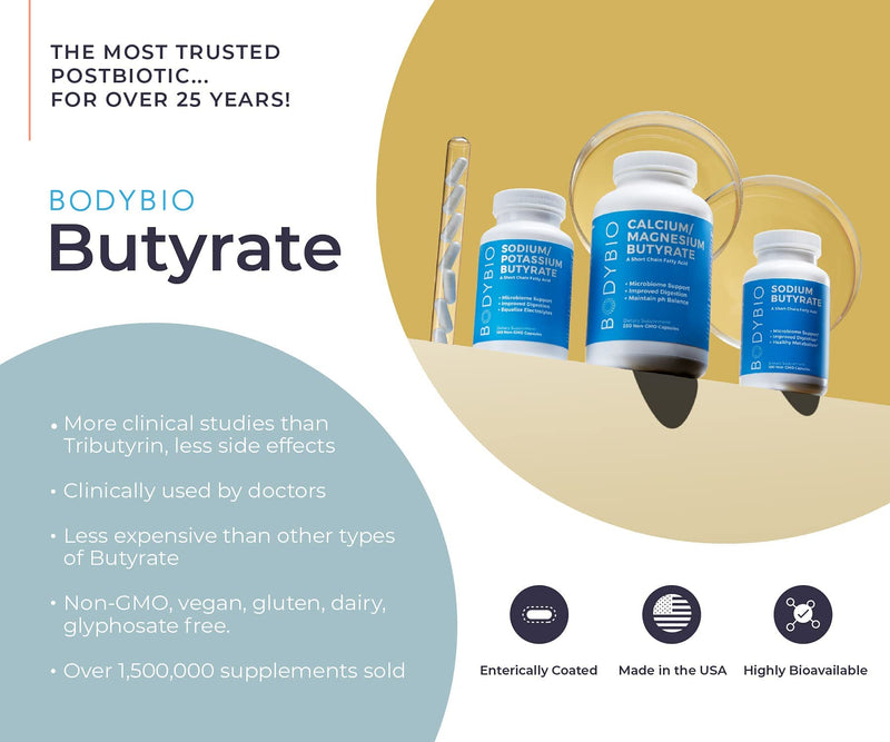 [Australia] - BodyBio Postbiotic - Butyrate Supplement | Butyric Acid + Calcium + Magnesium | Highly Bioavailable | No Fillers | No Additives | Vegetarian-friendly | 100 Capsules 100 Count (Pack of 1) 