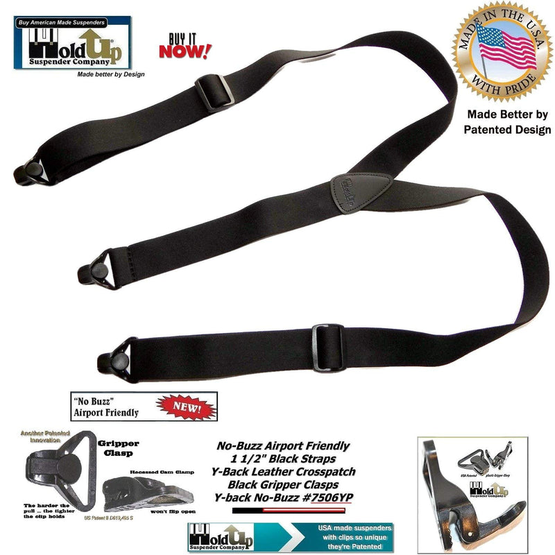 [Australia] - Holdup Suspender Company's No-buzz Airport Friendly All Black Y-back Suspenders with Patented composite plastic Gripper Clasps 