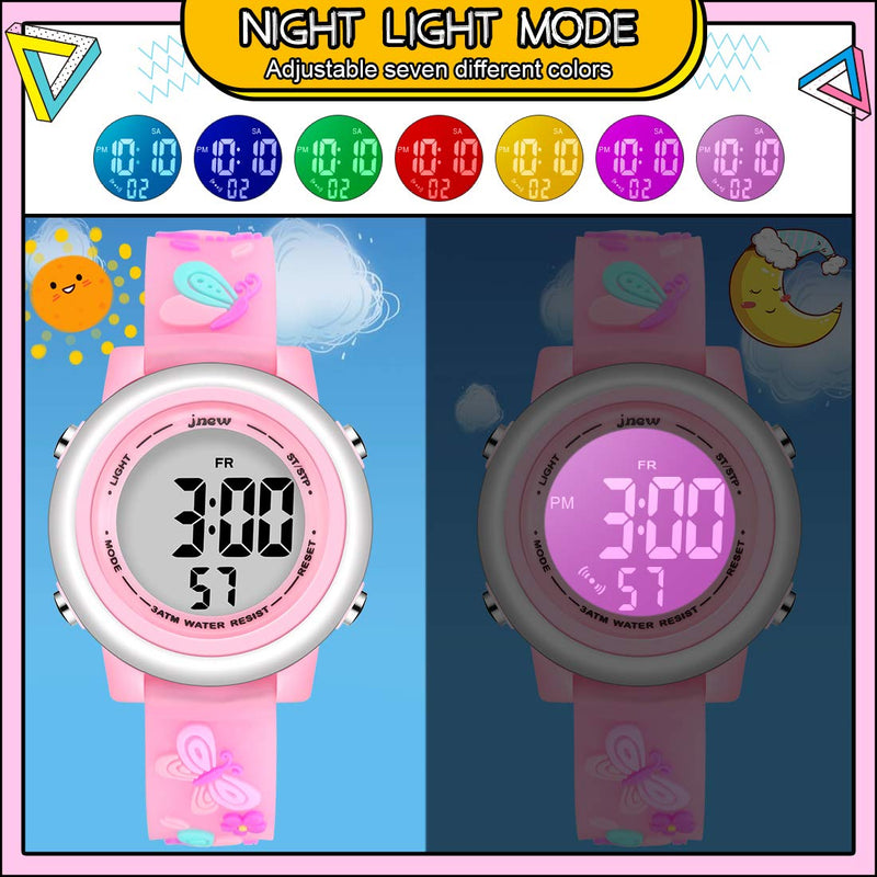 [Australia] - Jianxiang Kids Digital Sport Watches for Girls Boys, Waterproof Outdoor LED Timer with 7 Colors Backlight 3D Cartoon Silicone Band Child Wristwatch A-Butterfly Pink 