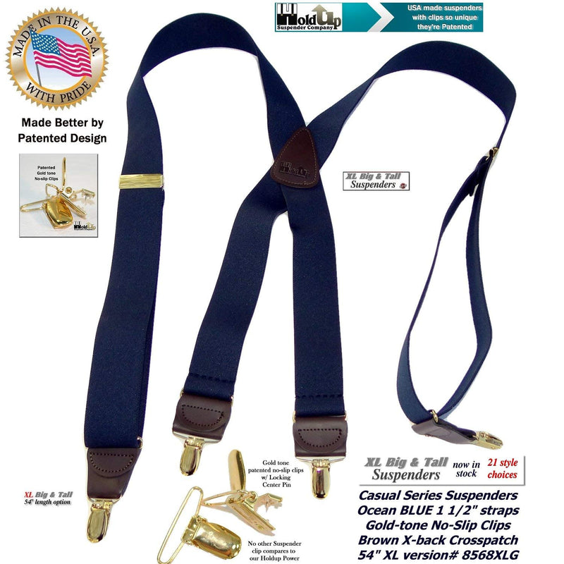 [Australia] - HoldUp Brand XL Dark Ocean Blue X-back suspenders for big and Tall men with gold tone no-slip patented clips 