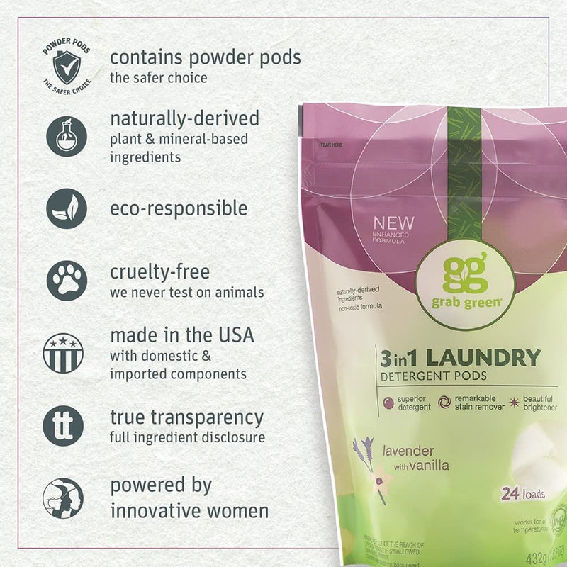 [Australia] - Grab Green 3-in-1 Laundry Detergent Pods, 24 Count, Lavender Vanilla Scent, Plant and Mineral Based, Superior Cleaning Power, Stain Remover, Brightens Clothes 24 Count (Pack of 1) 