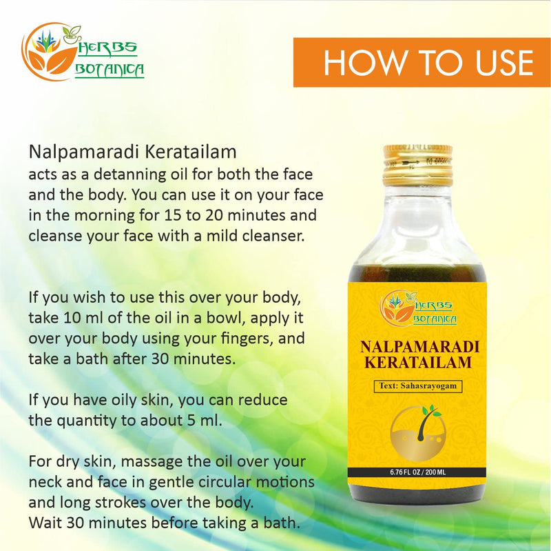 [Australia] - Herbs Botanica Nalpamaradi Thailam Keratailam Skin Radiance Treatment Ayurvedic Oil With Turmeric Oil For Skin, Face & Body With 15 Ayurvedic Herbs 200Ml / 6.76 Fl Oz 