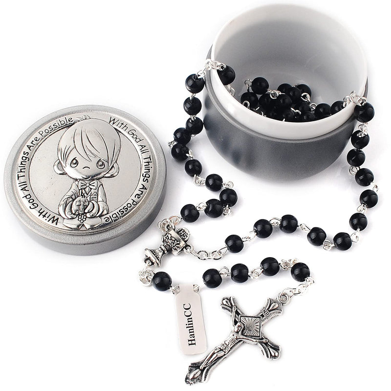 [Australia] - HanlinCC Girls and Boys First Communion Rosary Necklace with Silver Zinc Alloy Rosary Box Black Pearl First Communion Rosary with Box for Boy 