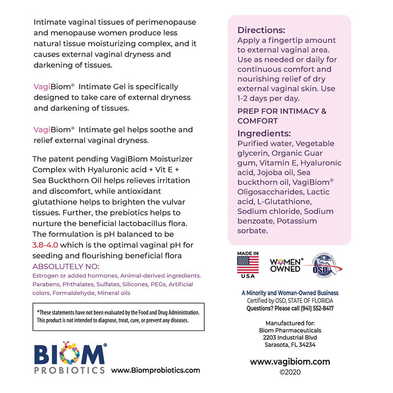 [Australia] - Biom Probiotics- VagiBiom Vaginal External Moisturizing Gel: Hyaluronic acid + Glutathione to moisturize and lightens vulvar darkening. 100% Natural Controls Dryness and lubricates tissues for intimacy, NO PARABENS. VEGAN FORMULA. Maintain Optimal pH, ... 