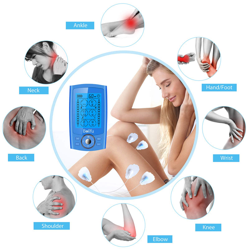 [Australia] - Belifu Dual Channel TENS EMS Unit 24 Modes Muscle Stimulator for Pain Relief Therapy, Electronic Pulse Massager Muscle Massager with 10 Pads, Dust-Proof Drawstring Storage Bag，Fastening Cable Ties… Blue 