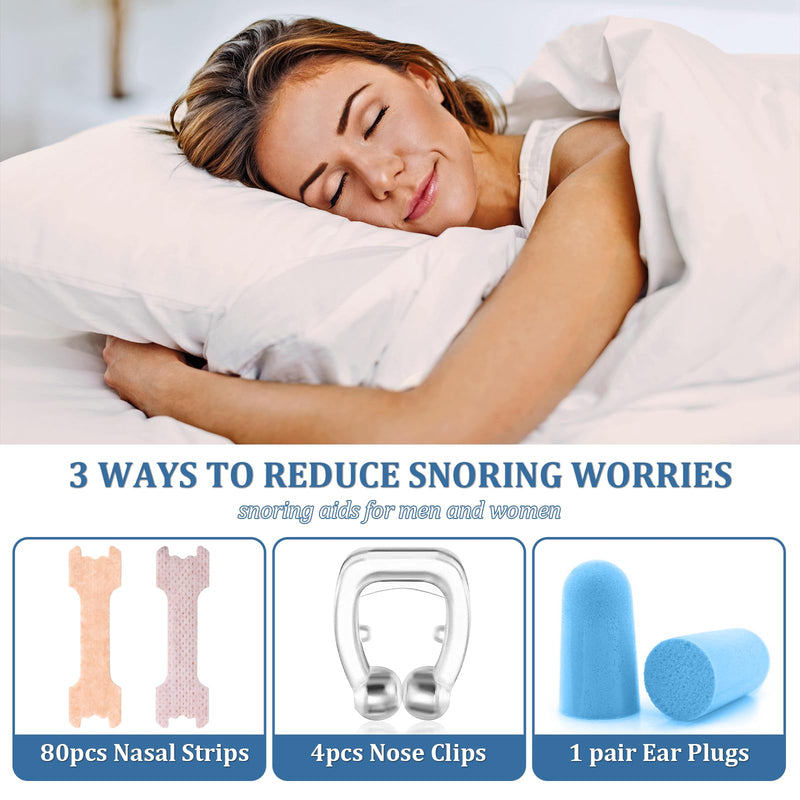 [Australia] - ZOCONE 80 Pcs Nasal Strips Drug-Free Snore Strips, Breathable Nose Strips for Snoring to Relieve Nasal Congestion Snoring Aids for Men Women to Improves Sleep Stop Snoring with 4 Noseclips 2 Earplugs 