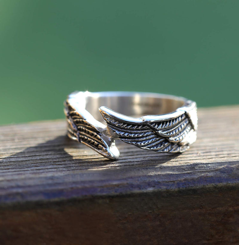 [Australia] - TIGRADE Antique Stainless Steel Ring Feather Angel Wing Cast Black Silver Band Size 5-14.5 