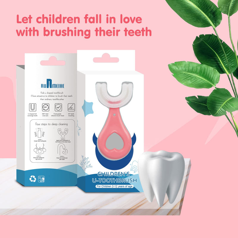 [Australia] - 2pcs Kids U Shaped Toothbrush, Food Grade Soft Silicone Toothbrush Head Tooth Cleaning, 360° Oral Teeth Care Kids Toothbrushes, Whole Mouth Baby Toothbrush, 2-12 Years Old (Pink) Pink 
