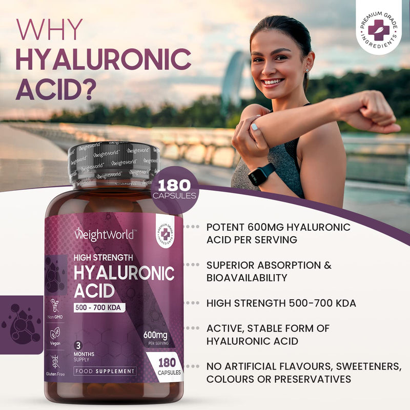 [Australia] - Hyaluronic Acid Supplement 600mg (500-700 KDA) - 180 Vegan Triple Strength Hyaluronic Acid Capsules - 3 Month Supply - Natural Skin, Hair & Joint Supplement for Women & Men - Superior Absorption 