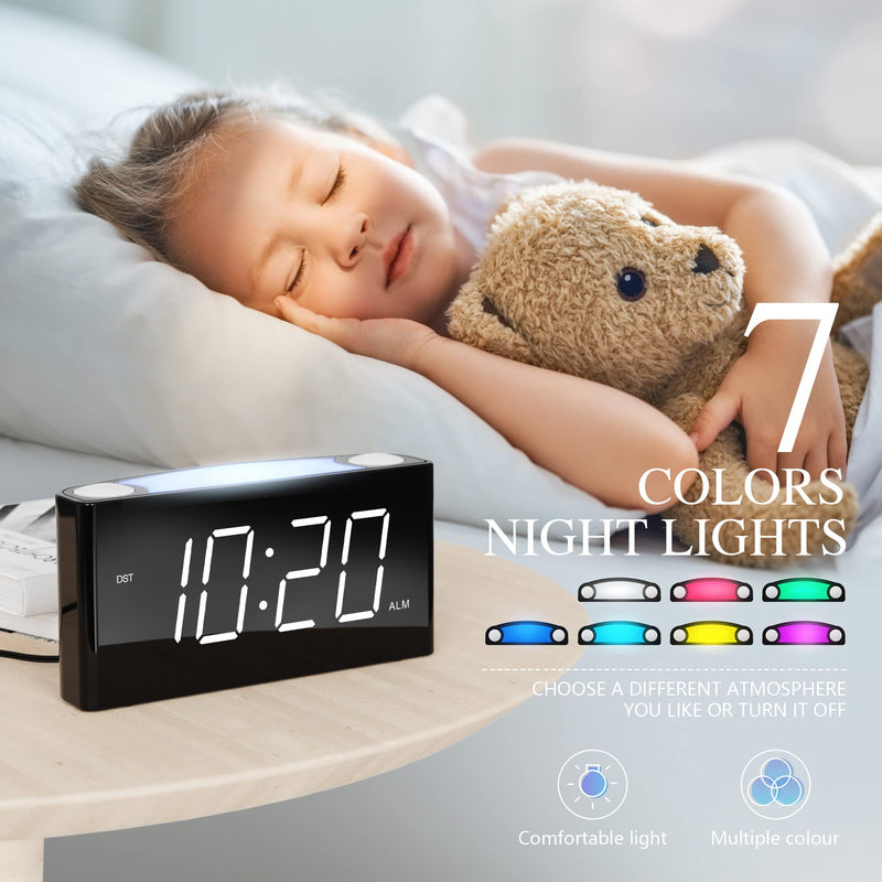 [Australia] - Rocam Alarm Clock for Bedrooms - Large 6.5" LED Display with Dimmer, Snooze, 7 Color Night Light, Easy to Set, USB Chargers, Battery Backup, 12/24 Hours for Heavy Sleepers, Kids, Boys, Girls, Elderly White 