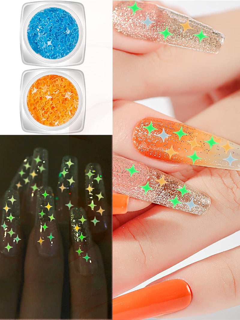 [Australia] - Kalolary 6Pcs Luminous Four-Pointed Nail Art Glitter Sequins, Glow in The Dark Nail Glitter Flakes, Luminous Four-Pointed Glitter Confetti Shapes for Face Body Nails Design Resin Crafts DIY Decor Four-pointed star 