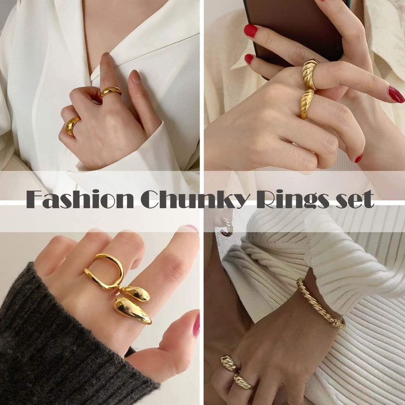 [Australia] - KOHOTA 6PCS Thick Dome Chunky Rings for Women 18K Gold Plated Braided Twisted Signet Ring Big Croissant Ring Minimalist Statement Ring Size 5-9 Gold Color 