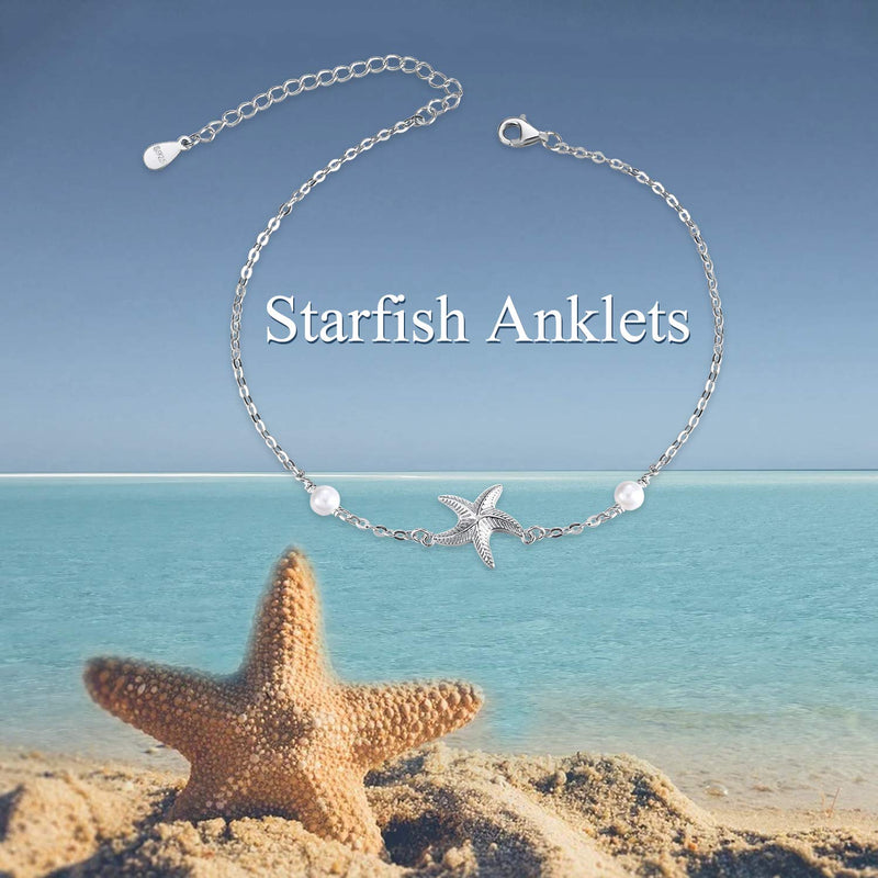 [Australia] - POPLYKE 925 Sterling Silver Infinity/Cross/Mermaid/Starfish/Pearl Anklet for Women Summer Jewelry B - Starfish Anklet 