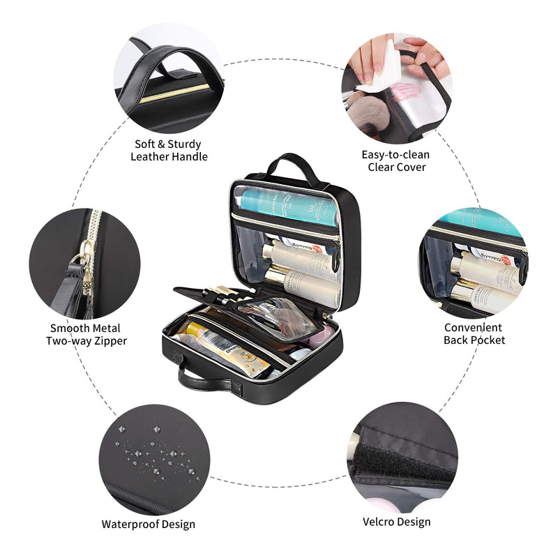 [Australia] - DIMJ Cosmetic Bag, Travel Makeup Bag Double-sided Makeup Case Organizer with Zipper Portable Artist Storage Bag Waterproof Storage Case for Cosmetics, Brushes, Toiletry (black) Black and Clear 