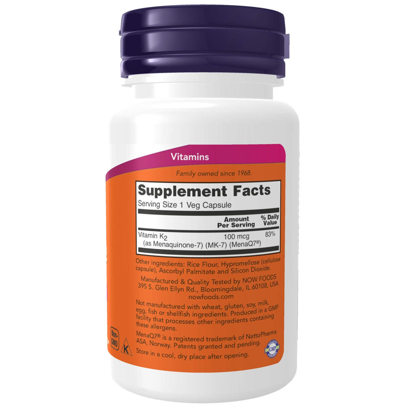 [Australia] - NOW Supplements, MK-7 Vitamin K-2 100 mcg, Cardiovascular Support*, Supports Bone Health*, 60 Veg Capsules 