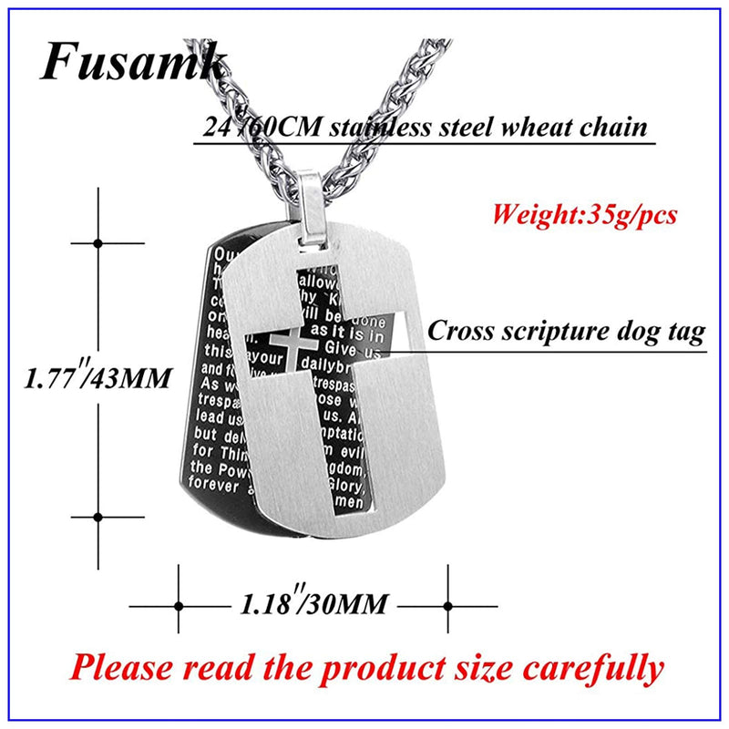 [Australia] - Fusamk Fashion Religious Titanium Steel Lord's Prayer Cross Dog Tag Pendant Necklace Black Dog Tag 