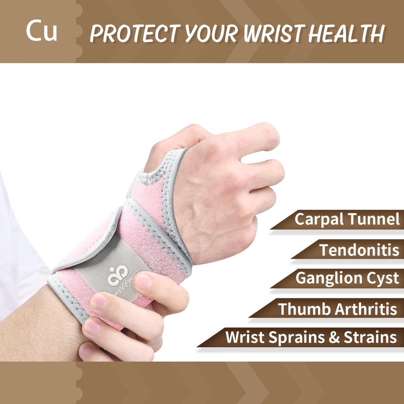 [Australia] - INDEEMAX 2 Pack Copper Wrist Brace Support for Carpal Tunnel, Pain Relief, Arthritis, Tendonitis, Adjustable Wrist Braces Compression Wraps Both Hands, Fit for Men and Women, Pink 