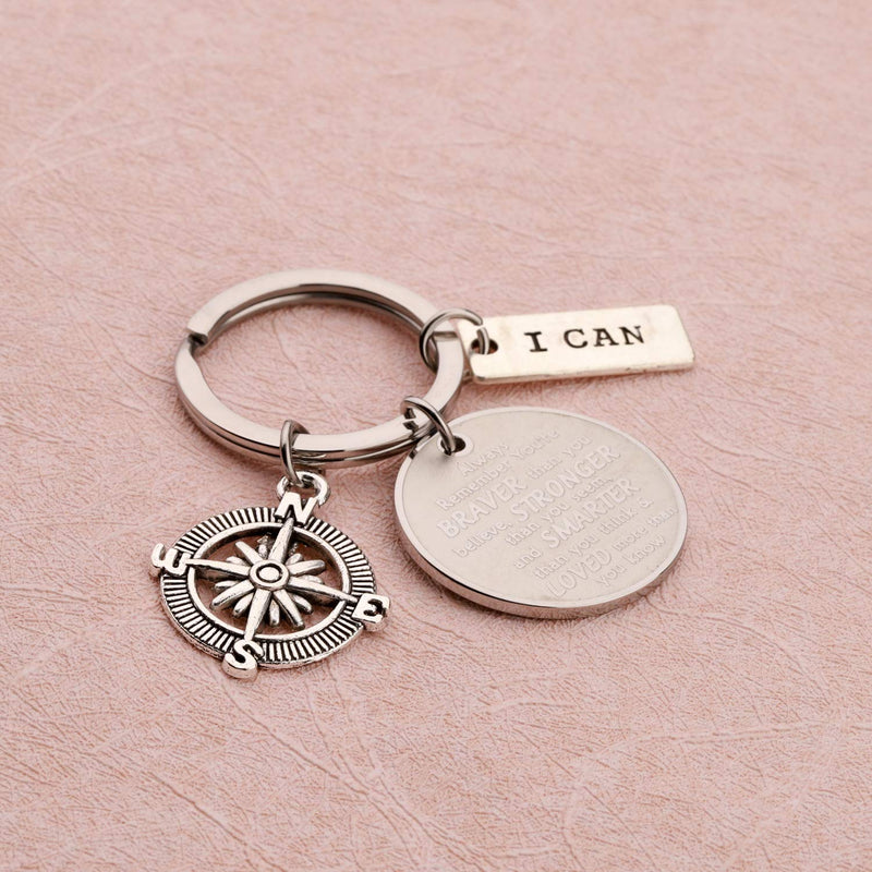 [Australia] - Inspirational Keychain You are Braver Stronger Smarter Than You Think Compass Keychain Graduation Gift Family Friend Students Kids Gifts silver 