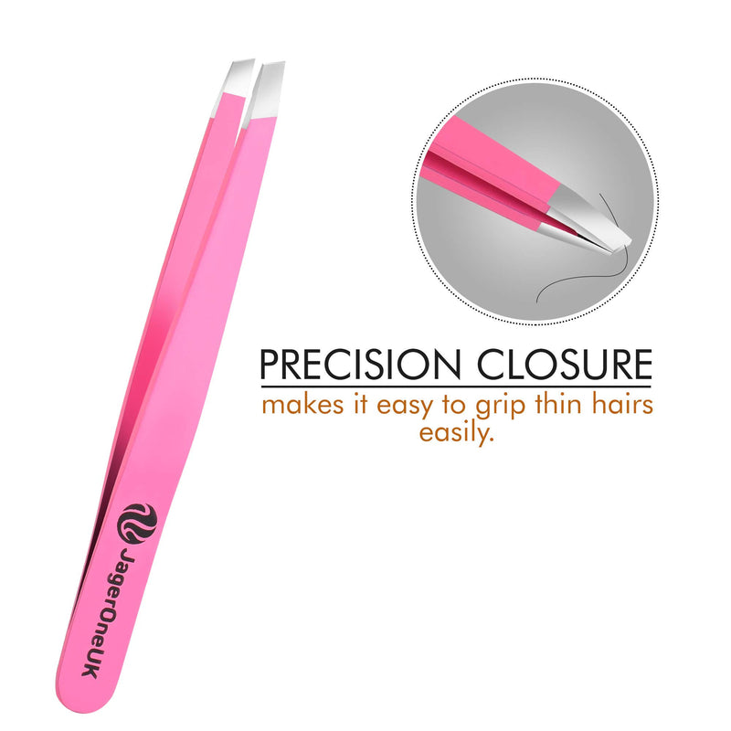 [Australia] - JagerOneUk Premium Quality Stainless Steel Tweezer | Unisex Professional Eyebrow Tweezers | Best for Plucking Precision Chin Facial Hairs with Slant Tip - Rose Pink 