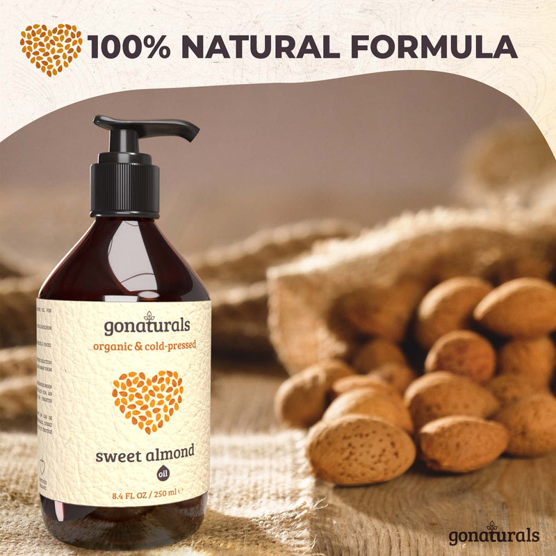 [Australia] - GoNaturals Organic Sweet Almond Oil - Organic Almond Oil: Effective Almond Oil For Skin & Hair Growth Oil - Ideal Sweet Almond Oil For Skin With Body Oil For Dry Skin - Almond Massage Oil, 250ml 