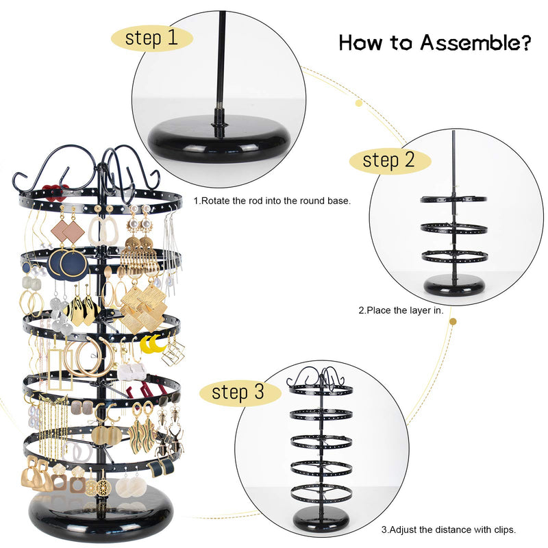 [Australia] - LASZOLA 5 Tiers 360° Rotating Earring Holder Organizer, 220 Holes Metal Necklace Bracelet Jewelry Display Rack Stand Tower - 14x6.3 Inch (Black) Black 