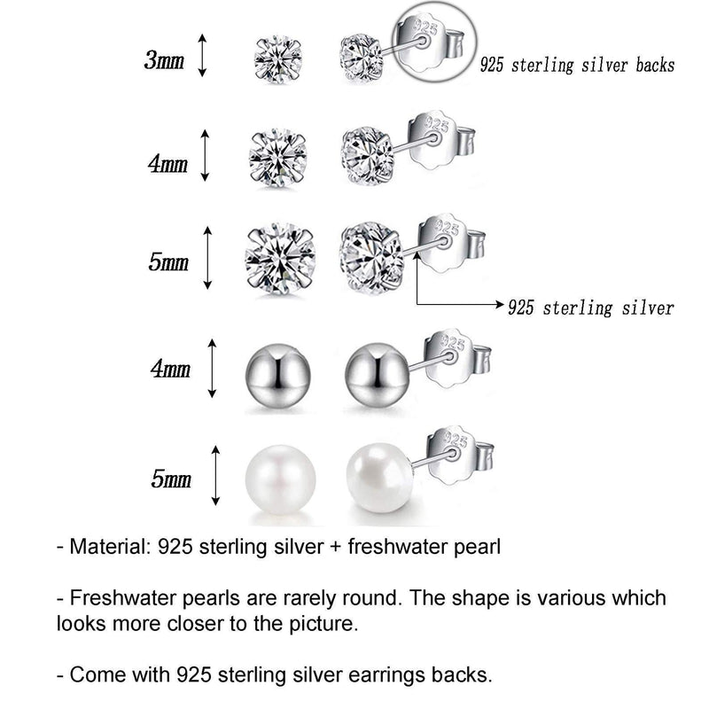 [Australia] - HAISWET Silver Earrings 925 Sterling Silver Ball Zircon Cartilage Sleeper Stud Set 3,4,5mm zircon&4mm ball&5mm pearl 