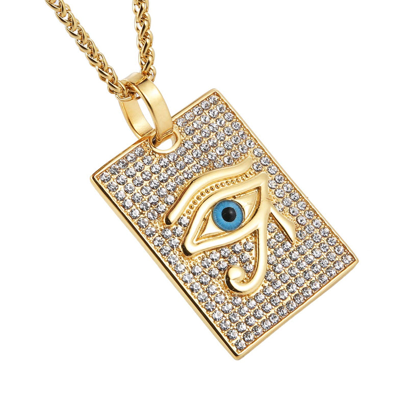 [Australia] - HZMAN 18k Gold Plated Iced Out Eye of Horus Egypt Protection Cross Dog Tag Pendant Stainless steel Necklace Dog Tag - Blue 