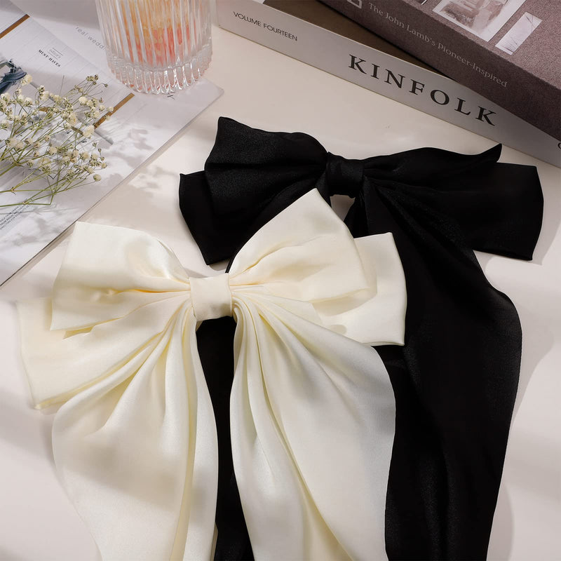 [Australia] - RosewineC 2 PCS Bow Hair Clips Solid Color Bow French Automatic Hair Clip with Long Silky Satin Tail Large Bows for Simple Women Girls Barrettes Hair Fastener Accessories (Black & White) 