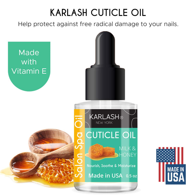 [Australia] - Karlash Salon Spa Premium Cuticle Oil Milk and Honey - Heals Dry Cracked and Rigid Cuticles. Vitamin E Enriched Treatment. Nourish and Moisturize Nails. 0.5 oz (1 Piece) 0.5 Fl Oz (Pack of 1) 