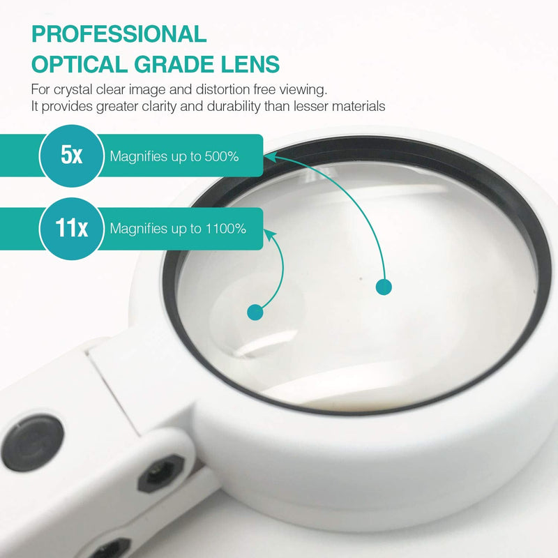 [Australia] - Magnifying Glass with 8 LED Lights, Handsfree Magnifier, [5X+11X] Dual Magnification Lens, Gentle & Bright Light Settings- Ideal for Reading Books, Jewlery, Coins, Craft & Hobbies… 