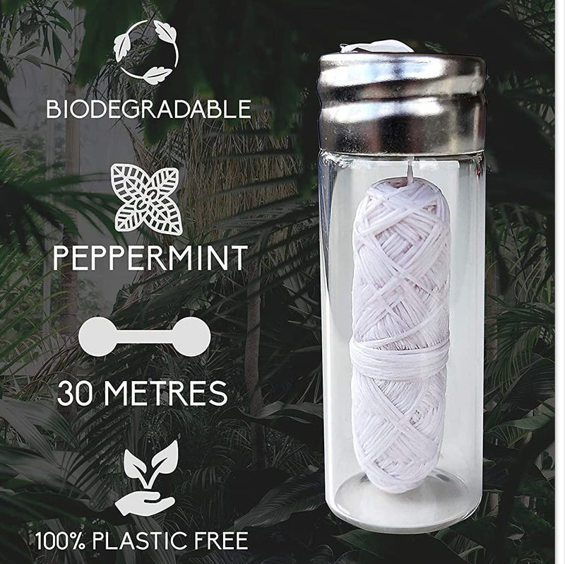 [Australia] - PlanetNatura Natural Silk Dental Floss, Recyclable Glass Container, Peppermint Flavor, 30 Meters, Plastic Free, Biodegradable, Natural 