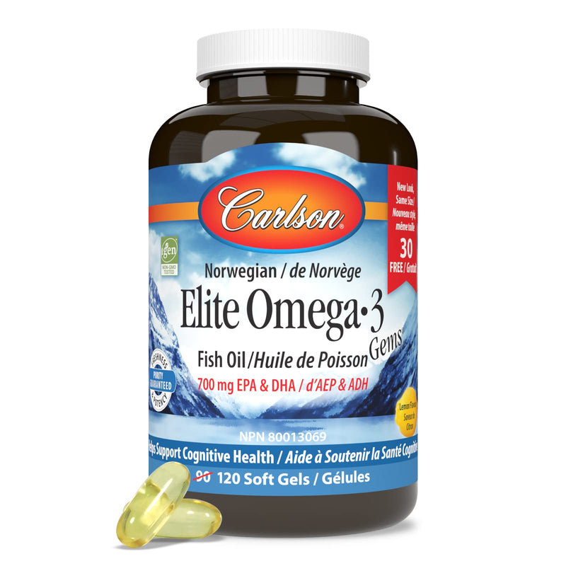 [Australia] - Carlson - Elite Omega-3 Gems,1600 mg Omega-3 Fatty Acids Including EPA and DHA,Norwegian, Wild-Caught Fish Oil Supplement,Sustainably Sourced Omega 3 Fish Oil Capsules, Lemon, 90+30 Softgels 