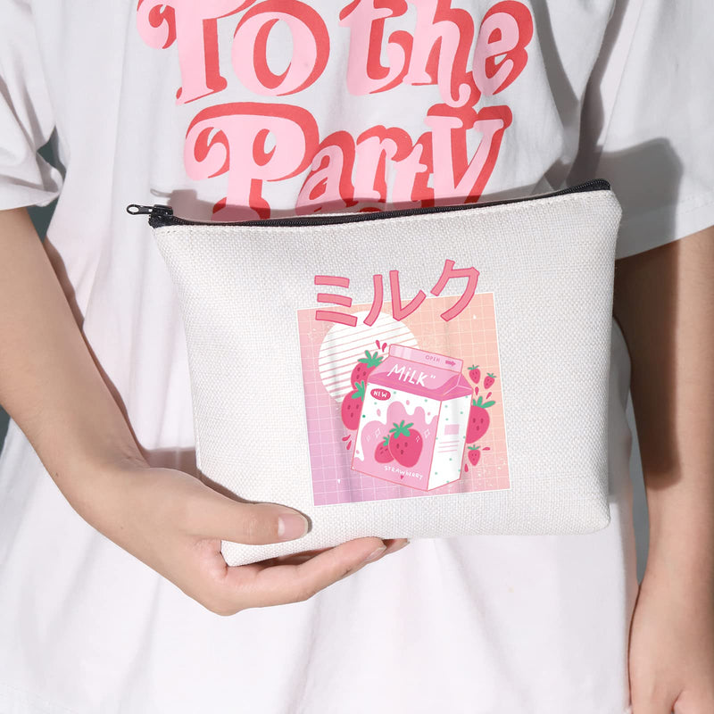 [Australia] - LEVLO Retro 90s Japanese Anime Cosmetic Bag Anime Kawaii Lover Gift Kawaii Strawberry Milk Shake Makeup Zipper Pouch Bag For Women Girls Tees (Strawberry Milk Bag) Strawberry Milk Bag 