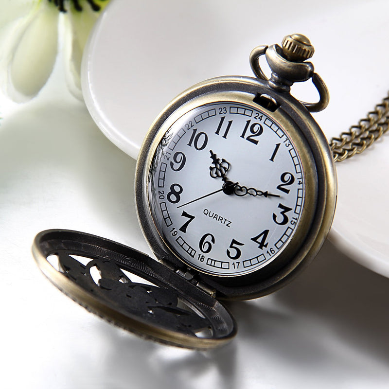 [Australia] - JewelryWe Retro Bronze Flower Openwork Cover Quartz Pocket Watch with 32.3 Inch Chain 