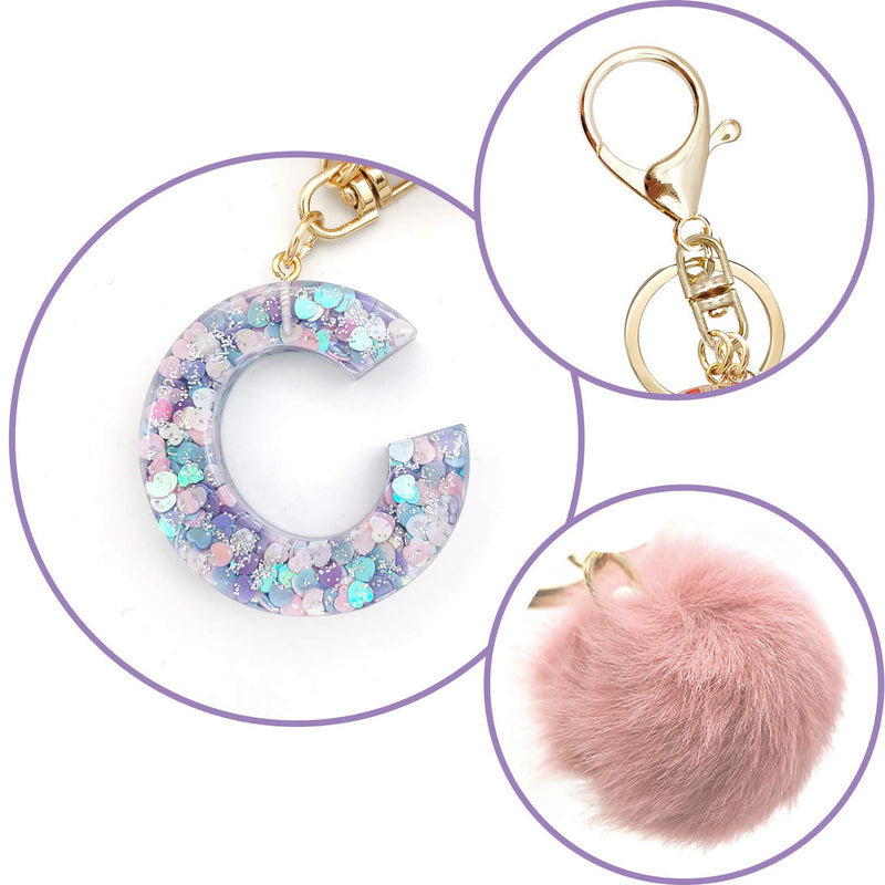 [Australia] - OKAICEN Pink-Purple Resin Alphabet Initial Letter Keychain Key Ring for Women Grils Purse Handbags with Fur Ball Pom C 