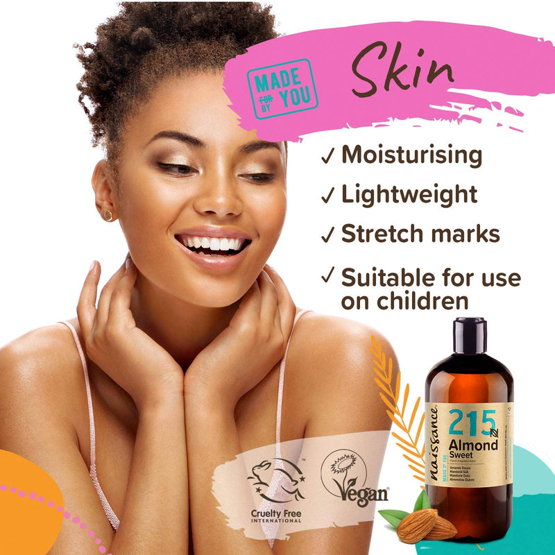 [Australia] - Naissance Sweet Almond Oil (no. 215) 500ml – For Skin, Hair, Massage, Nails, Cuticles, Ears, Face, Body, Stretch Marks - Natural Skin Care, Carrier Oil for Aromatherapy - Food Grade, Vegan, No GMO 