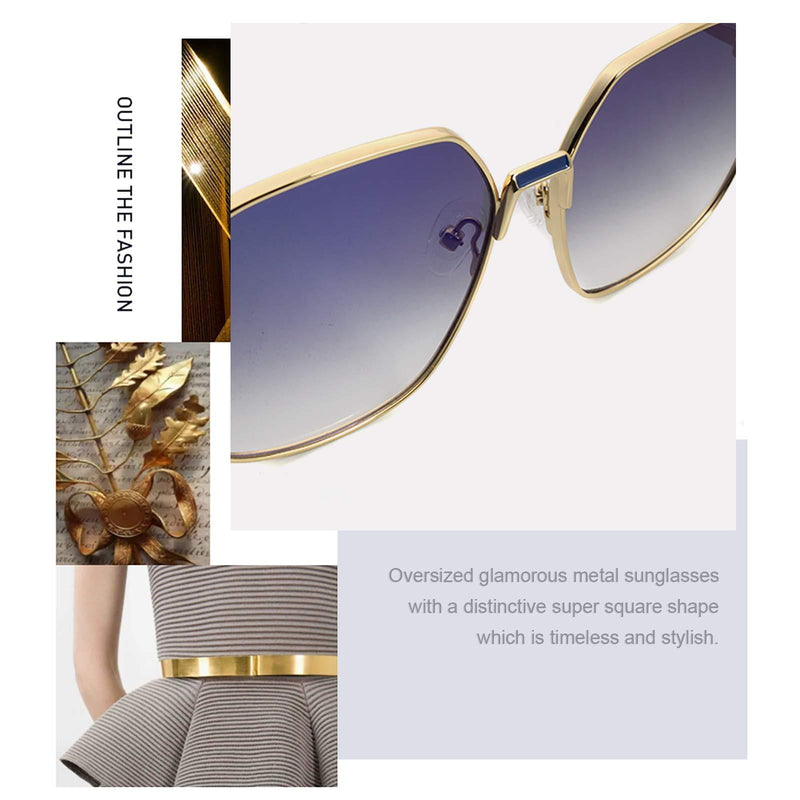 [Australia] - Stylish square geometric sunglasses metal frame UV protection mirror sunglasses for women men unisex sunglasses eyewear non polarized Gold.blue light gradient gray 