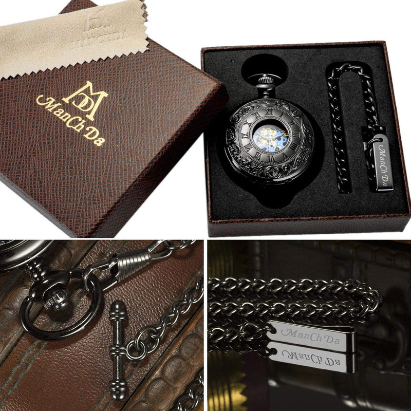 [Australia] - ManChDa Mechanical Roman Numerals Dial Skeleton Pocket Watches with Box and Chains for Mens Women 1.Black Blue 