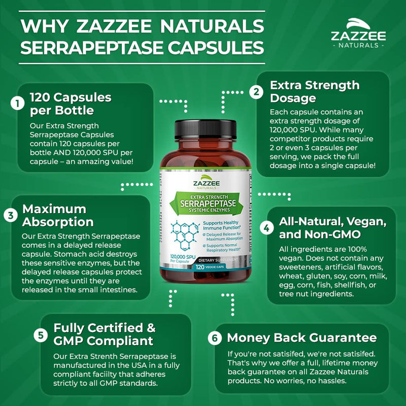 [Australia] - Zazzee Extra Strength Serrapeptase 120,000 SPU, 120 Vegan Capsules, Delayed Release, Systemic Enzymes, Supports Healthy Sinuses and a Healthy Immune System, Non-GMO and All-Natural 