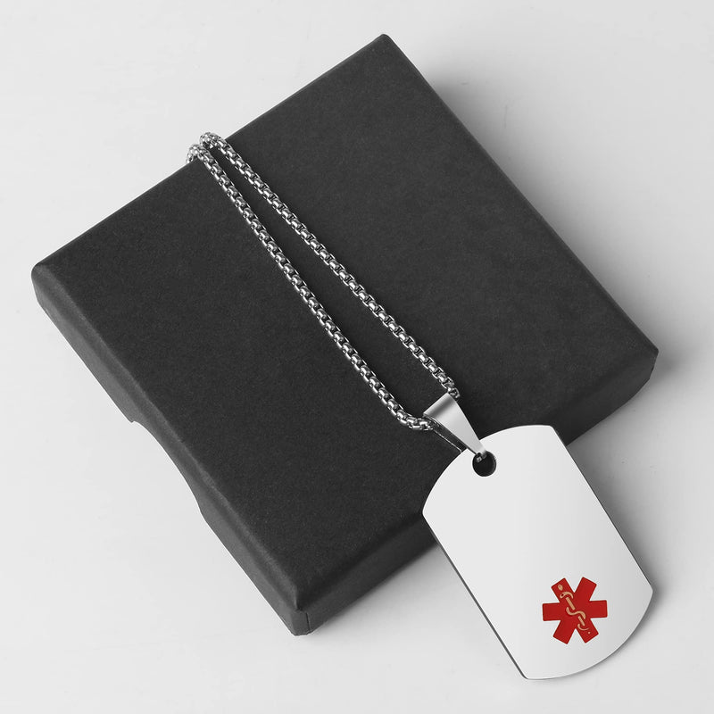 [Australia] - Medical Alert ID Necklace, Laser Engraved Blood THINNER, Stainless Steel Tag Pendant with 23.6 inch Chain for Men Women Emergency First Aid Silver 