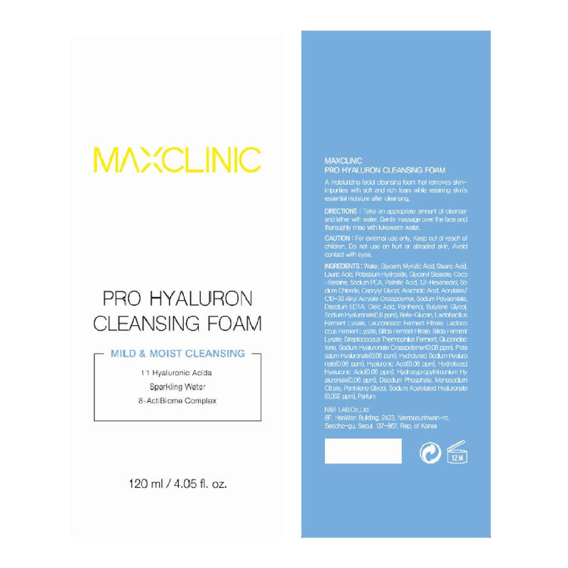 [Australia] - MAXCLINIC Pro Hyaluron Cleansing Foam 120ml 4.05 fl oz with hyaluronic acids for Waterproof makeup remover and face cleanser without irritation 