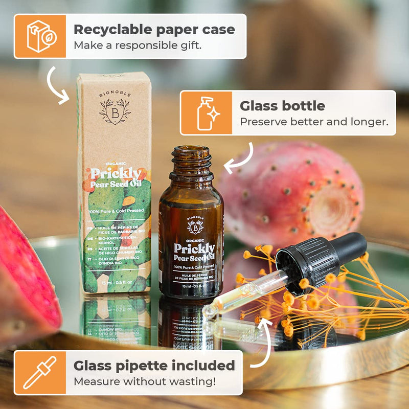 [Australia] - Bionoble Organic Prickly Pear Seed Oil 15ml - 100% Pure, Natural and Cold Pressed - Face, Body, Hair, Beard, Nails - Vegan and Cruelty Free - Glass Bottle + Pipette 15 ml (Pack of 1) 