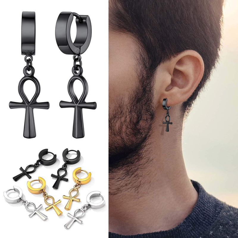 [Australia] - FaithHeart Huggie Hoop Earrings for Women-Stainless Steel/18K Gold Plated Dangling Drop Earring Ankh/Cross/Padlock/Italian Horn/Eye/Key Hoops Jewelry Ankh Cross-Black 