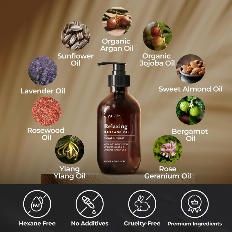 [Australia] - Gya Labs Relaxing Massage Oil - Ylang Ylang, Rose Geranium and Organic Argan Infused Body Oil for Skin - Natural Massage Oil for Massage Therapy - 100% Pure (200 ml) 