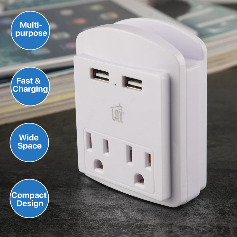 [Australia] - LAX Gadgets Multi-Plug Outlet - Surge Protectors 2 Wall Outlet Extender with 2 USB Ports - Suitable for Home, Office, & School - White 2 Wall Outlets and 2 USB Ports 